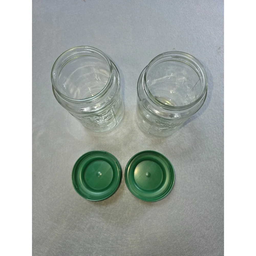 Set Of 2 Vintage Anchor Hocking Glass Canister Jars Green Plastic Lids